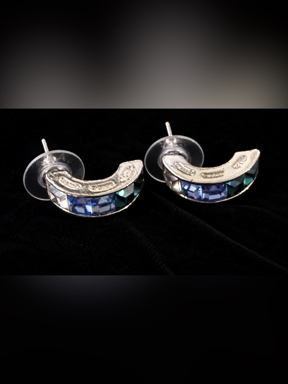 Roman Jewelry Silver Half Hoop Earrings with Blue Stones